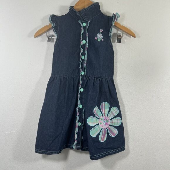 Vtg Carter's Denim Dress Kids 6X Blue Embroidered Vacation‎ Sundress - Picture 1 of 12